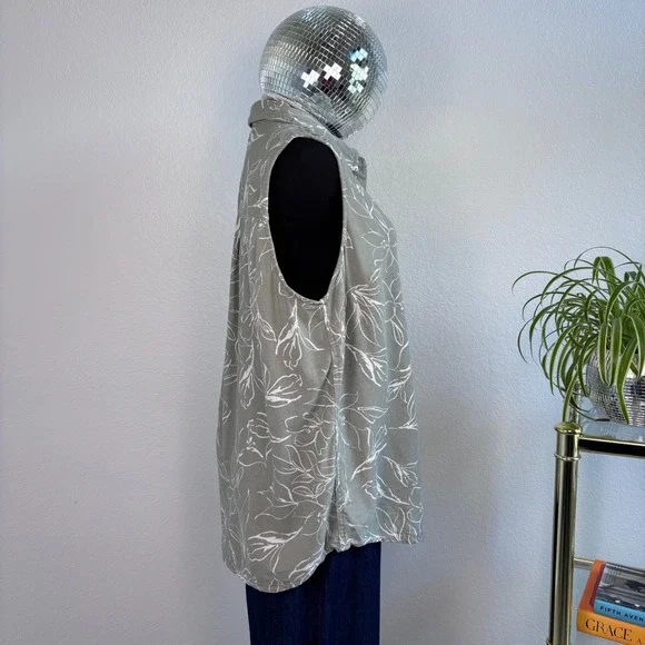 ecothreads Womens Sleeveless Button Up Shirt Green Floral Linen Blend Size L - Picture 3 of 16